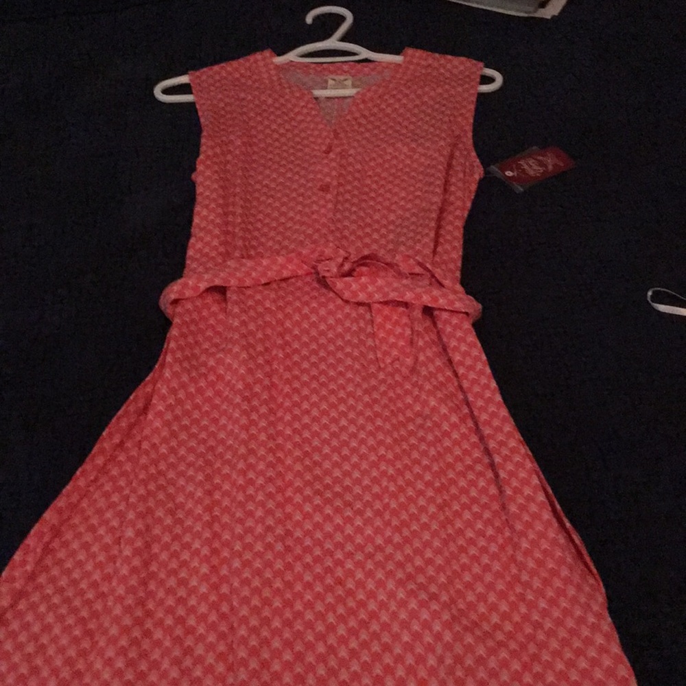 Coral, white printed dress, sz small